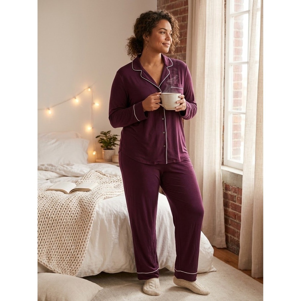 Victorias Secret Pajama Set Womens Large Plum Burgundy Modal Long Sleeve Pants